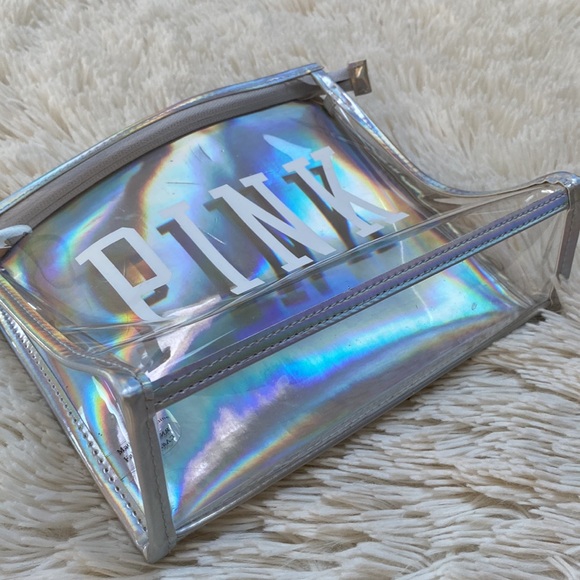 PINK Clear Zip Pouch 💗 Iridescent Silver & White - Picture 4 of 10
